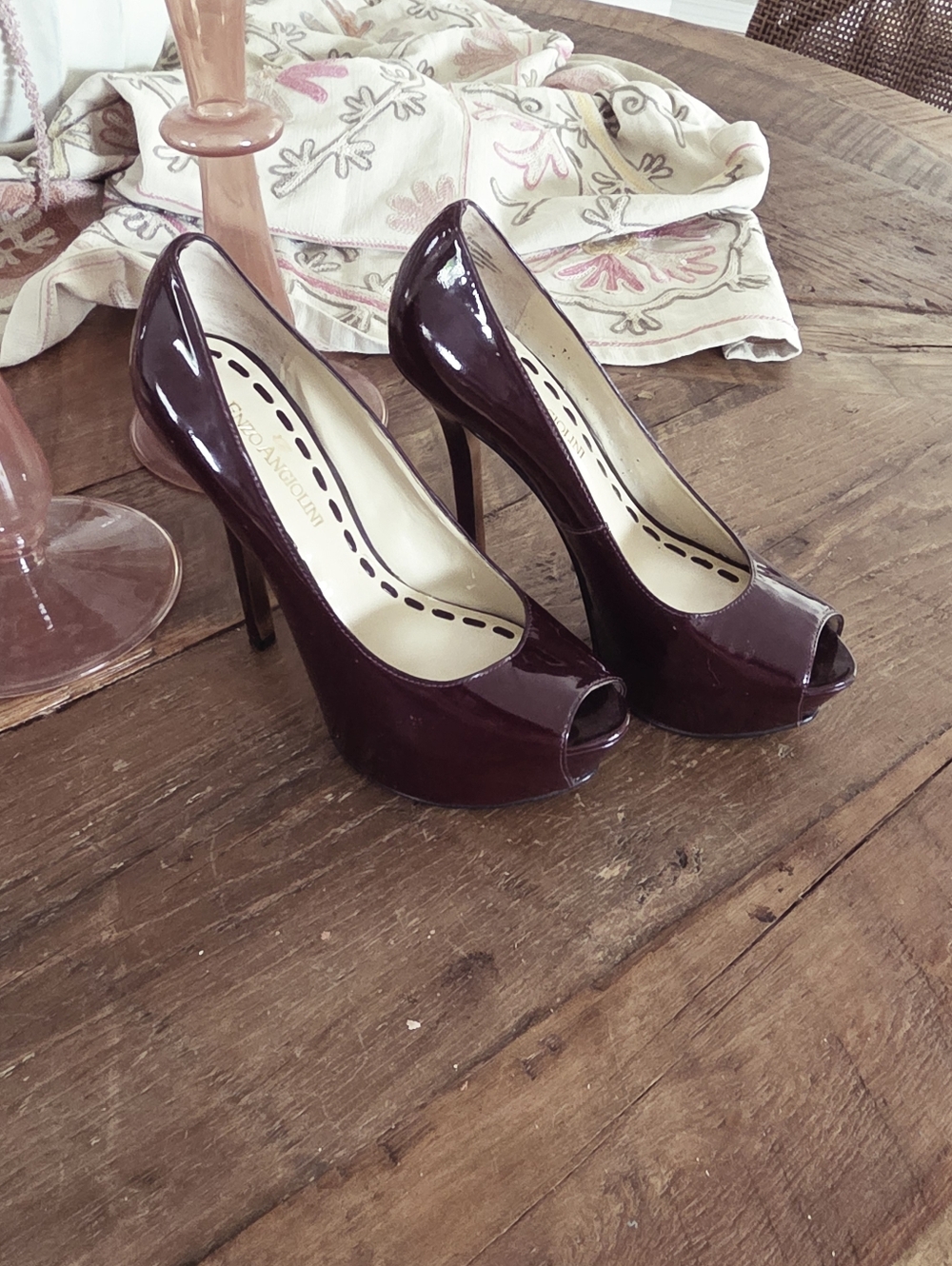 Enzo Angiolini Peep-Toe Patent Pumps in Deep Plum
